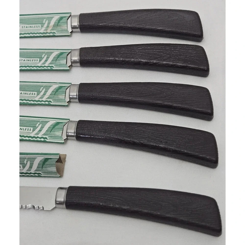 Vtg Quikut Steak Knives Set Of 5 Serrated Stainless Steel Brown Handle MCM Retro
